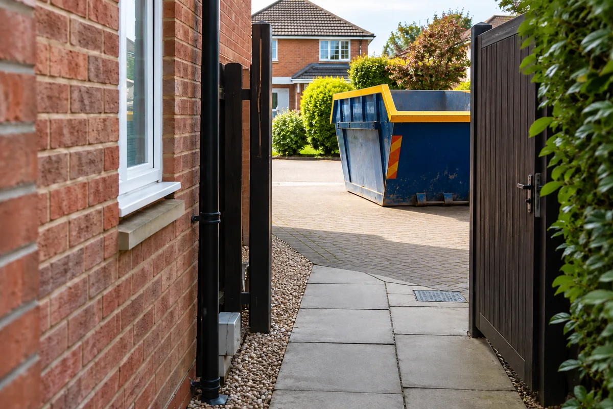 Open side gate and narrow approach beside a British home