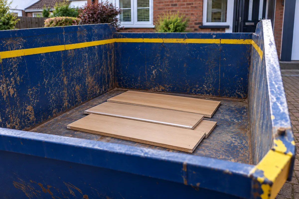 Timber panels loaded below the rim of a blue skip