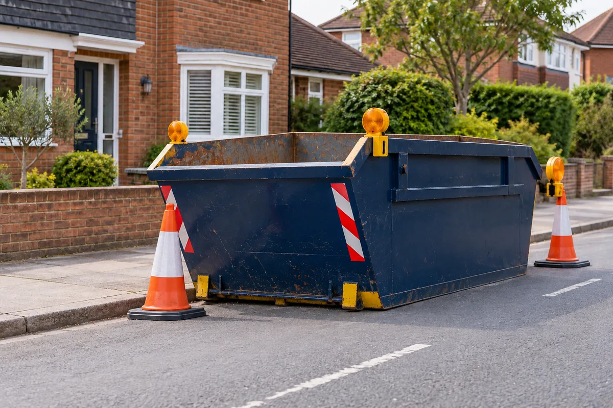 Blue skip with cones beside a clear residential pavement