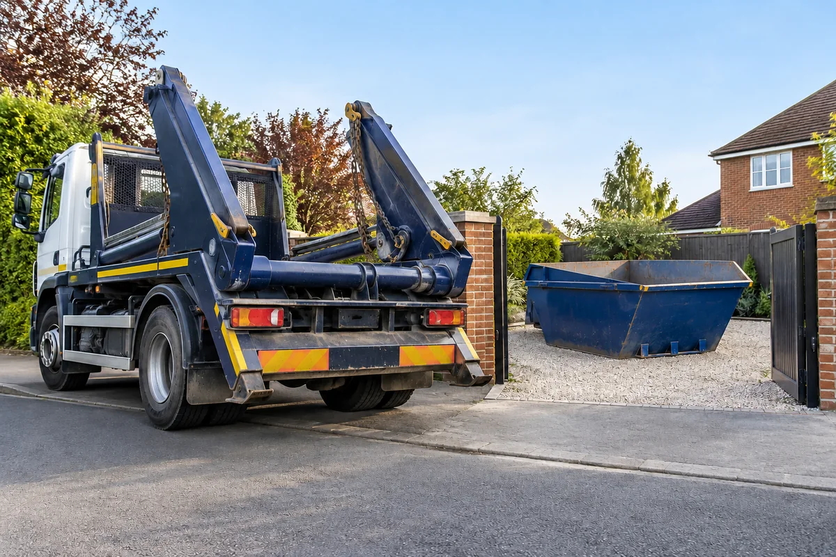Skip delivery lorry beside an open residential entrance