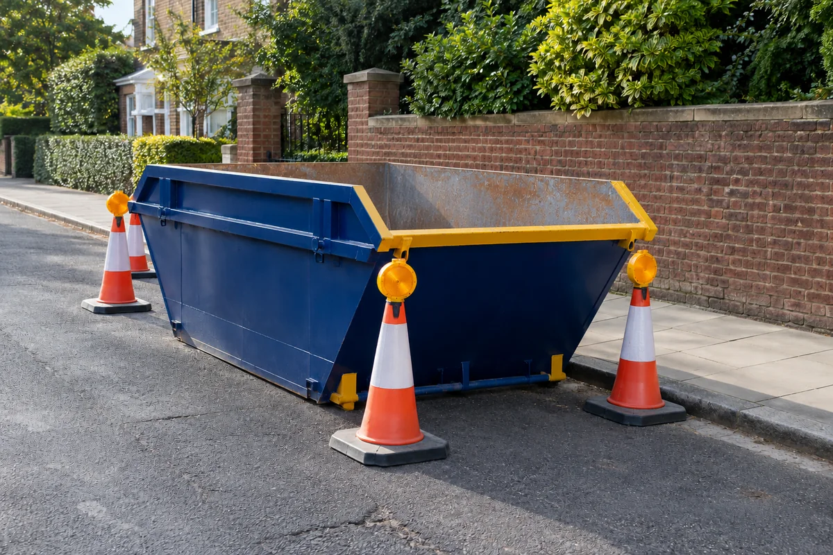 Empty blue skip on a road beside a boundary wall