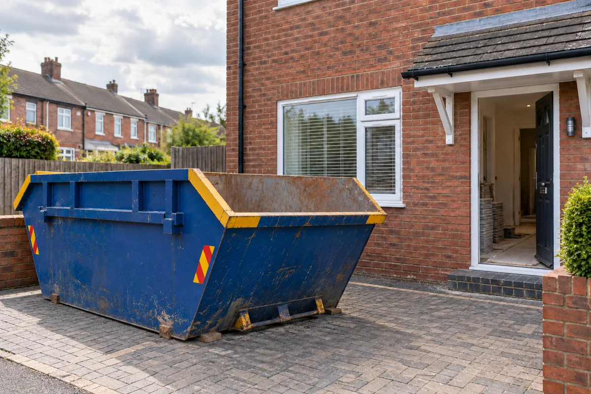 Blue skip outside a British residential property