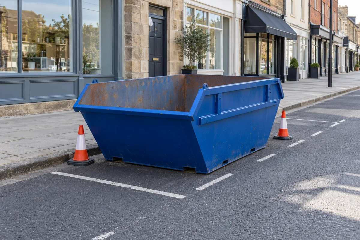 Empty blue skip in a roadside parking space beside a clear pavement