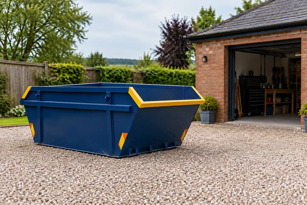Blue skip outside a British residential property