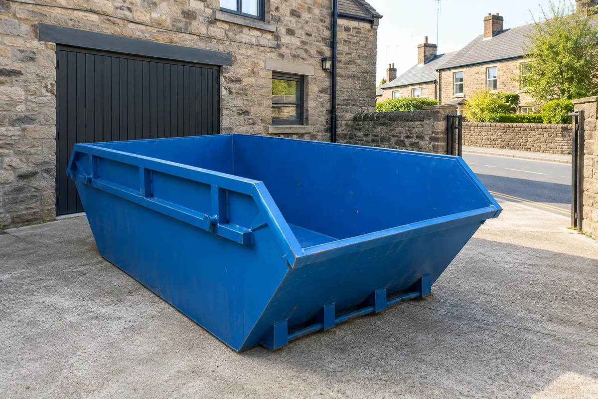 Empty blue skip on hardstanding beside a stone-fronted building