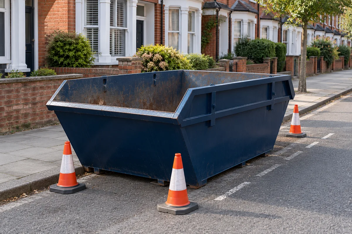 Empty blue skip in a roadside parking space beside a clear pavement