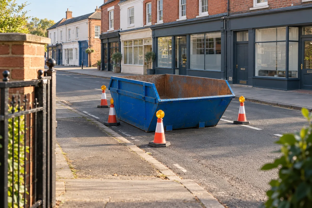 Blue skip beside a clear pavement and buildings