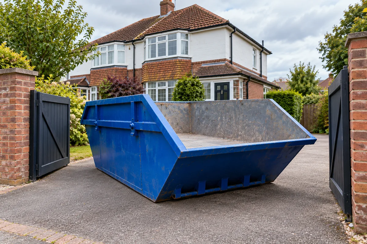 Blue skip beside a British home with clear access