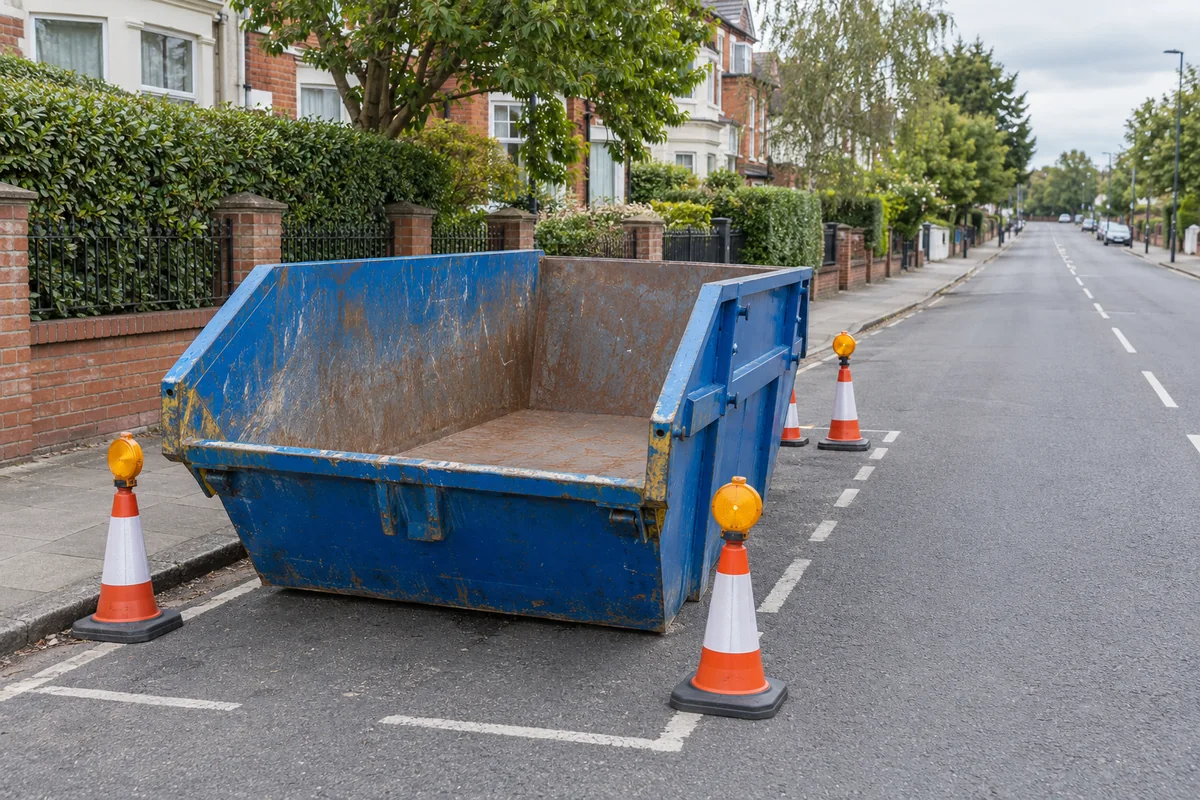 Blue skip in a roadside space with cones and lamps