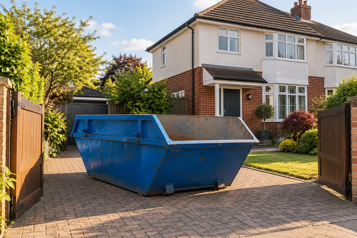 Blue skip in a private space beside a home