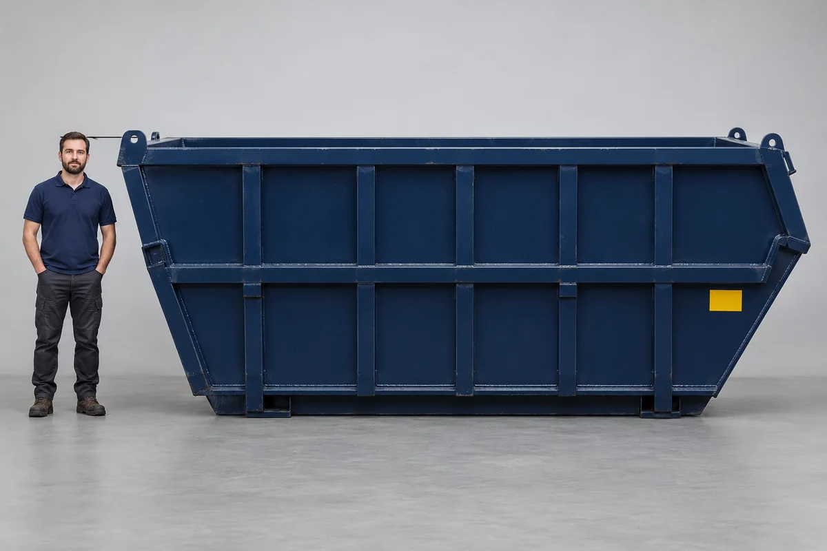 Man standing beside a 14-yard blue skip