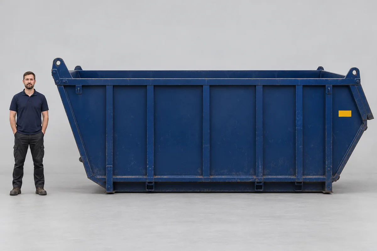 Man standing beside a 16-yard blue skip
