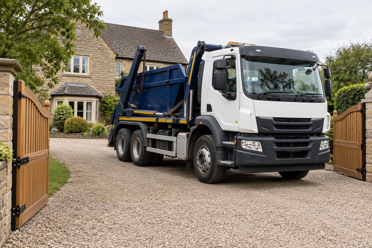 Skip lorry approaching an open entrance