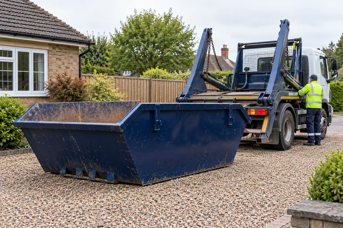 Blue skip and delivery lorry on a private driveway
