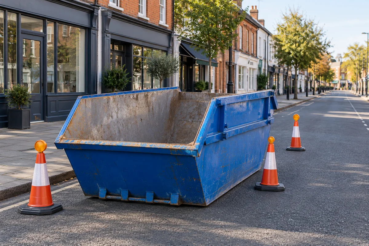 Blue skip beside a clear pavement and buildings