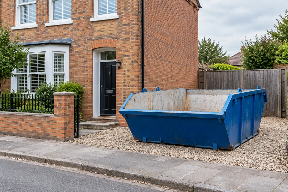 Blue skip beside a British home with clear access