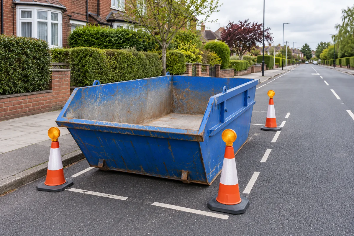 Blue skip in a roadside space with cones and lamps