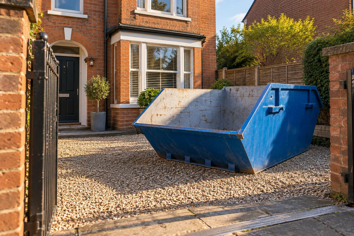Blue skip in a private space beside a home
