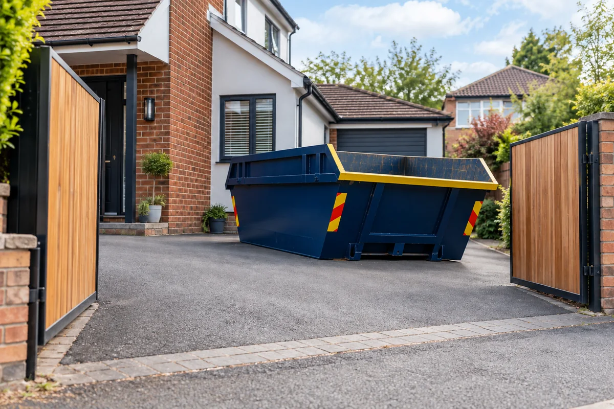 Blue skip outside a British residential property