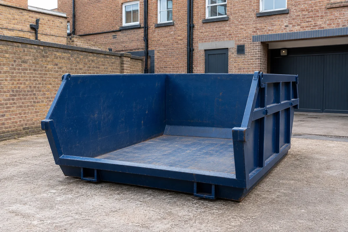 Empty skip with an open loading end in a brick courtyard