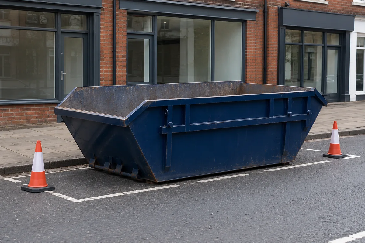 Empty blue skip in a roadside parking space beside a clear pavement
