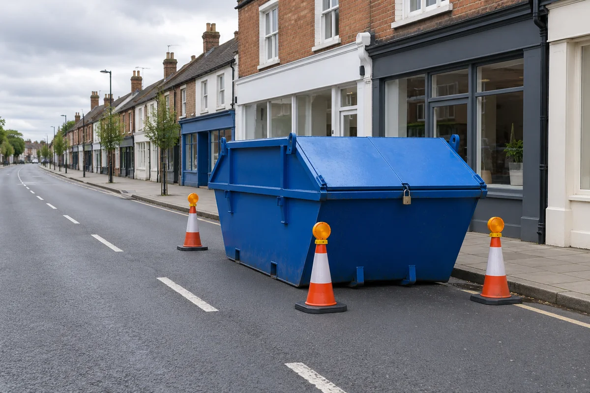 Blue enclosed skip with a closed lid beside a clear pavement