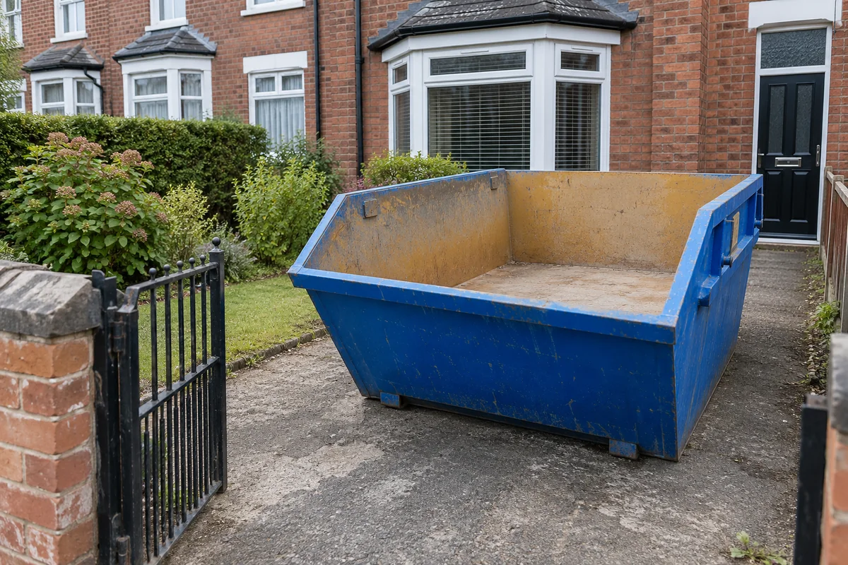 Blue skip beside a British home with clear access