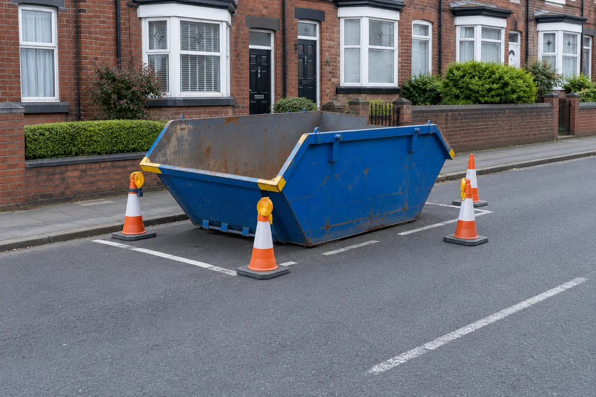 Blue skip in a roadside space with cones and lamps