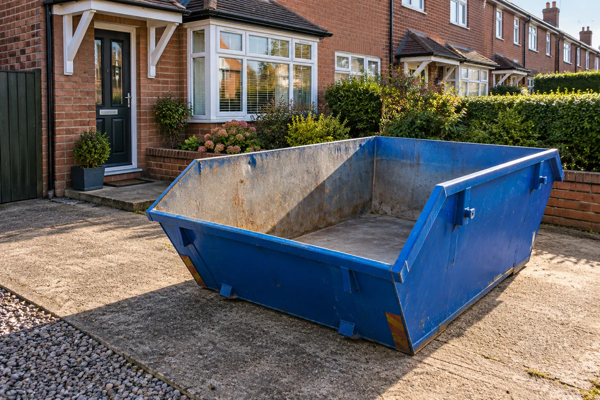 Blue skip in a private space beside a home