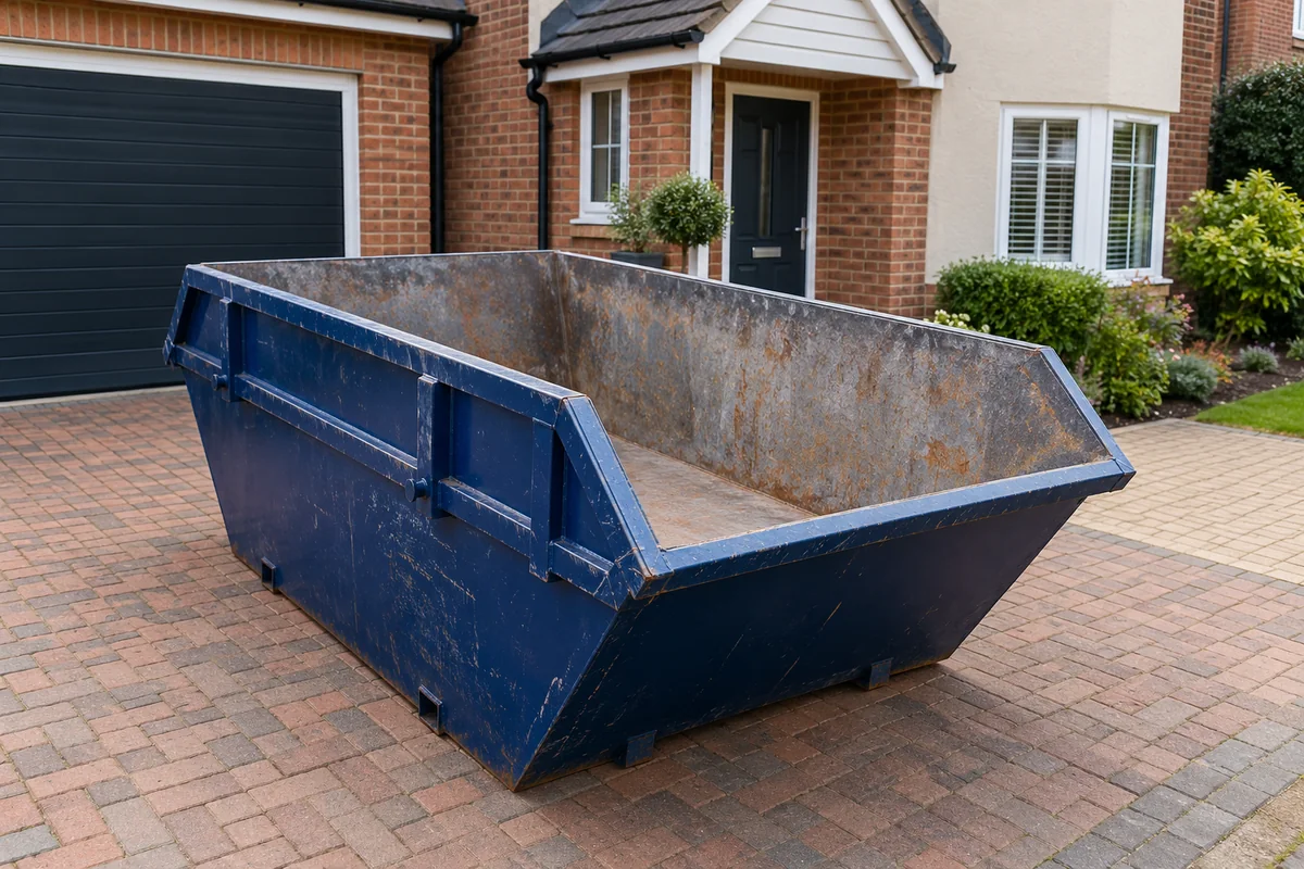 Blue skip outside a British residential property