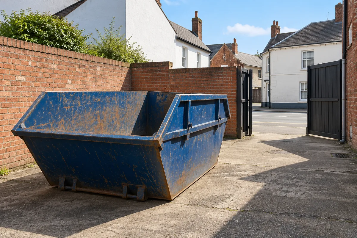 Empty blue skip inside a walled private courtyard