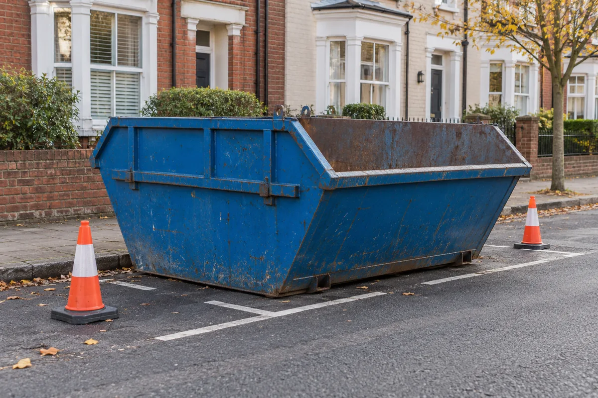 Empty blue skip in a roadside parking space beside a clear pavement