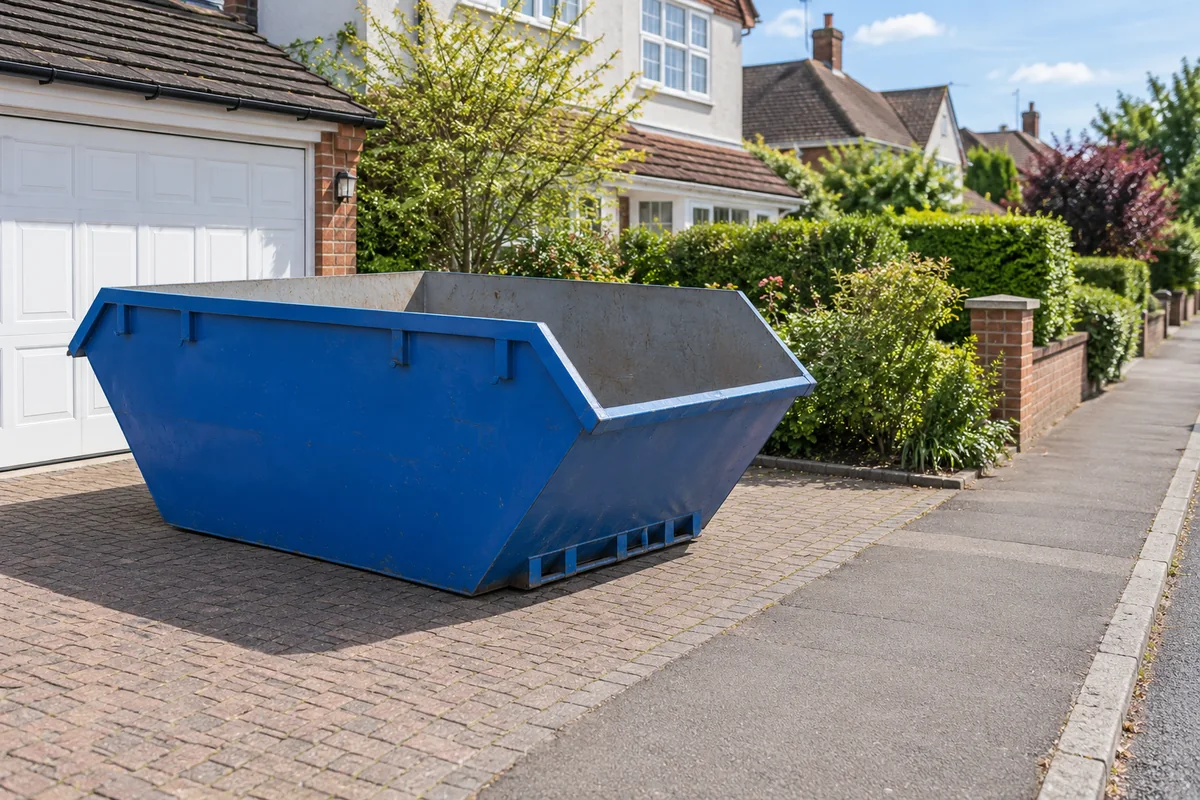 Empty blue skip on a private driveway beside a garage