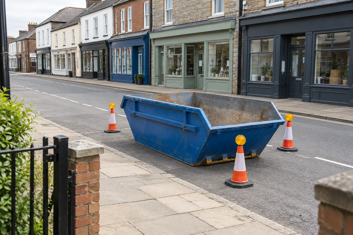Blue skip beside a clear pavement and buildings