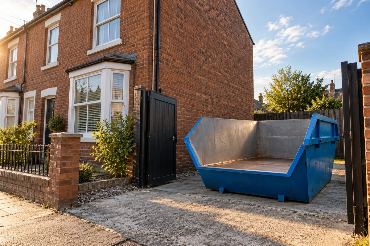 Blue skip beside a British home with clear access