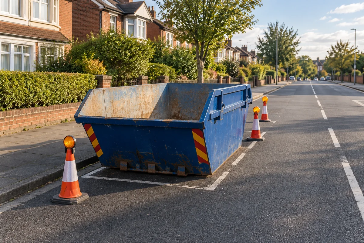 Blue skip in a roadside space with cones and lamps