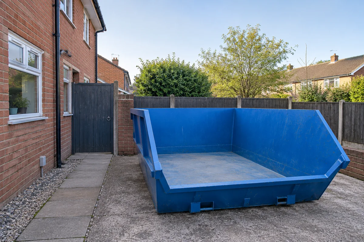 Blue skip in a private space beside a home
