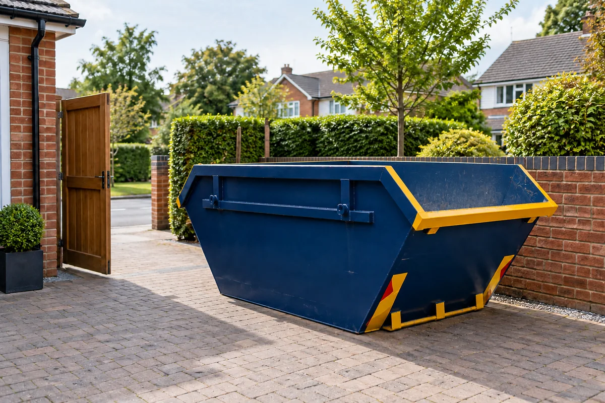 Blue skip outside a British residential property