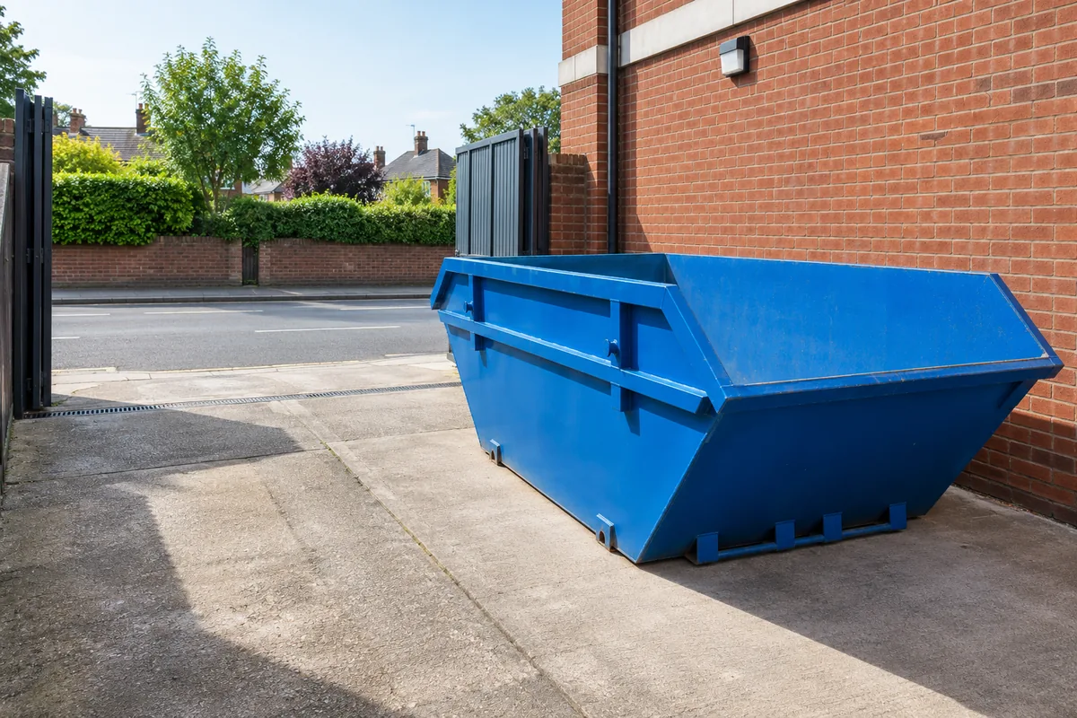 Empty blue skip in a brick service yard with a wide entrance