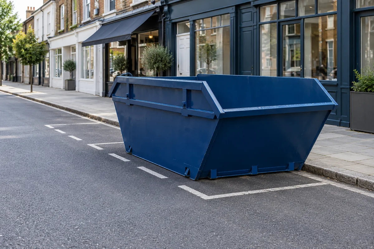 Empty blue skip in a roadside parking space beside a clear pavement