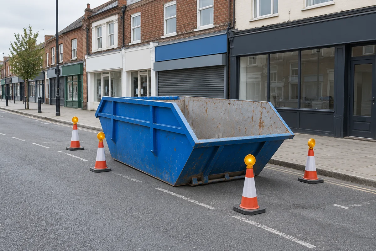Blue skip beside a clear pavement and buildings