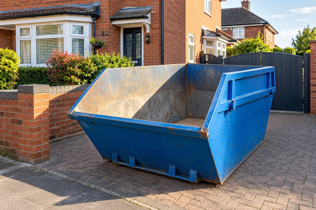Blue skip beside a British home with clear access