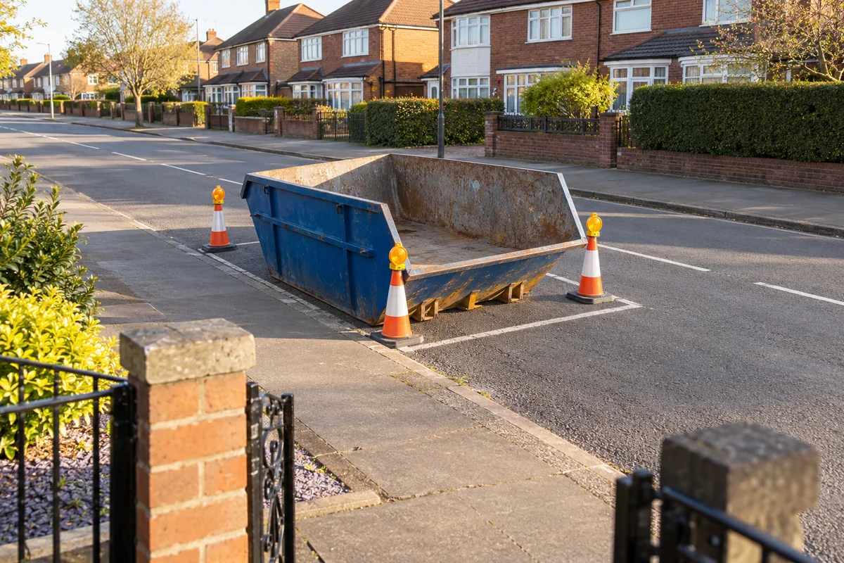 Blue skip in a roadside space with cones and lamps