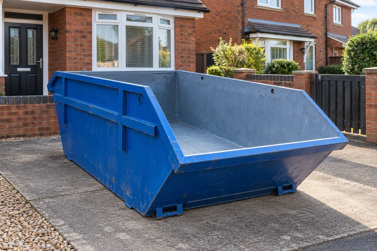 Blue skip in a private space beside a home