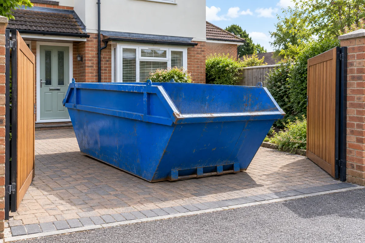 Empty blue skip on a private driveway with a clear entrance