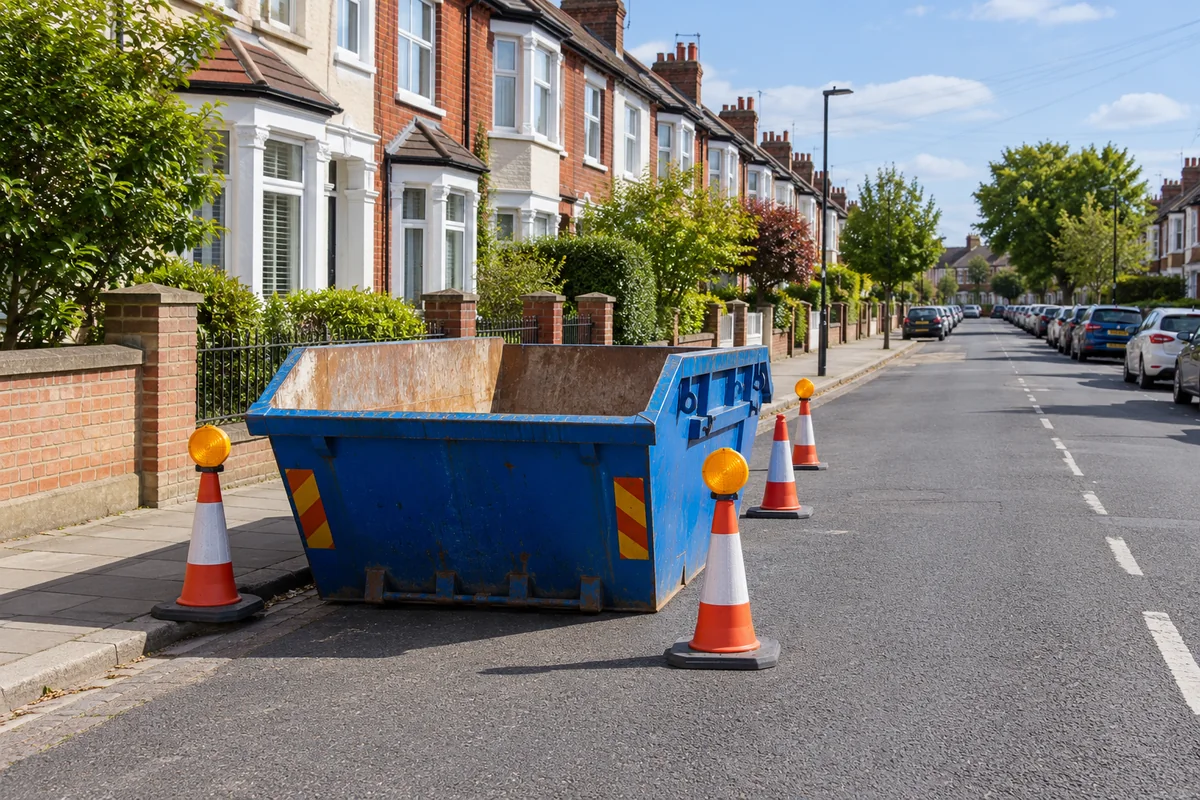 Blue skip in a roadside working space with cones and an open pavement