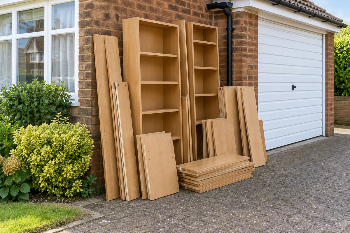 Dismantled wooden shelving stacked beside a garage ready for a clear-out
