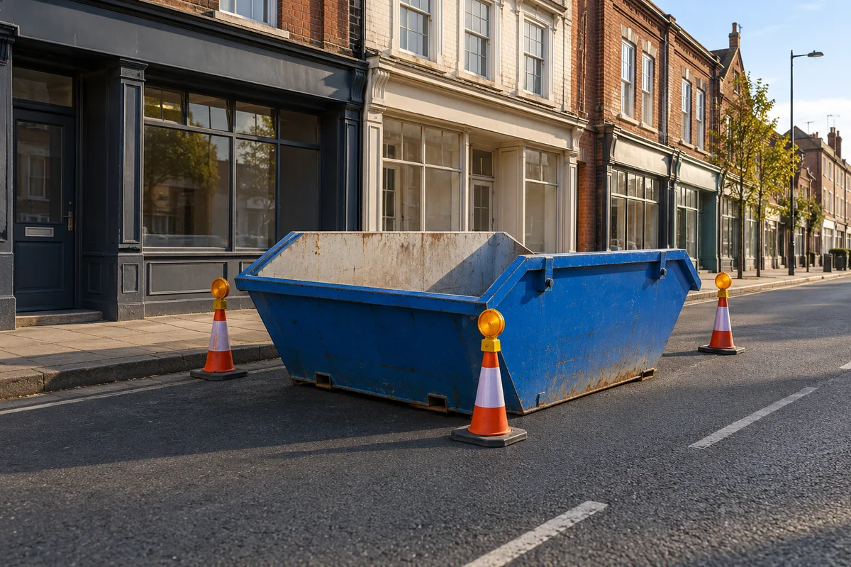 Blue skip beside a clear pavement and buildings