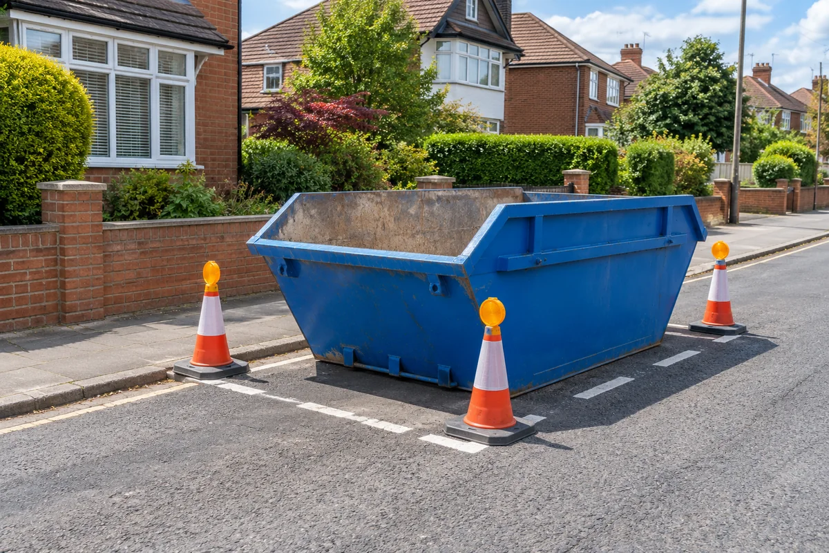 Blue skip beside a British home with clear access