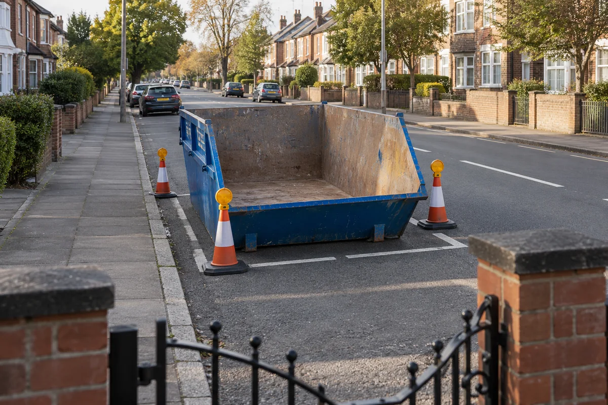 Blue skip in a roadside space with cones and lamps
